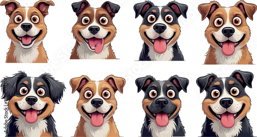 Set of 8 Happy Cartoon Dog Faces. Cute Vector Puppy Heads Collection with Smiling Expressions.