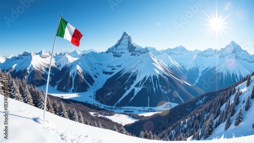 A photo of an Italian flag flying high above snowy mountains, a symbol of national pride