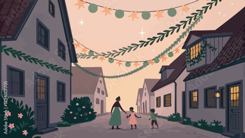Charming village scene with mother and children walking under festive garlands at dusk, a cozy and scenic view