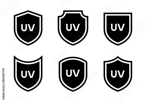 UV protection shield icon set. Safety, sunblock, and ultraviolet barrier symbol