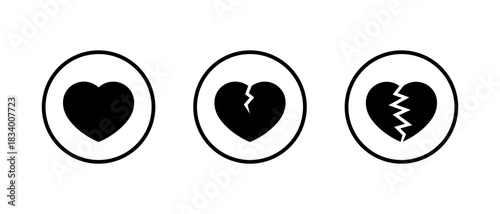 Heart and heartbreak icon in circular outline. Love and broken heart symbol. Romantic and divorce sign