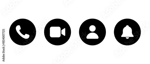 Phone call, video camera, user profile, and notification bell icon in black circle. Social media communication ui symbol