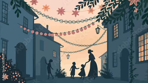 Festive village scene with children and mother under string lights, evoking holiday cheer and family warmth