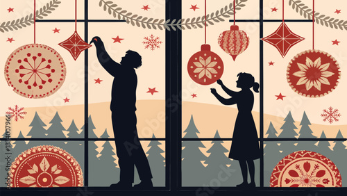 Festive family decorates for Christmas with ornaments and stars in their cozy winter home scene