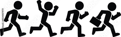 Stick Figures Running in a Row Depicting Urgency and Competition with One Carrying a Briefcase Representing Business and Success