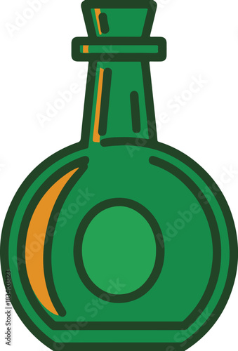 Green round bottle vector illustration with cork stopper ideal for magic potion or elixir liquid container