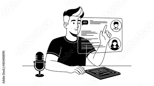 Man interacting with futuristic ai interface for content creation