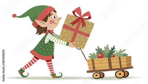 Festive Christmas elf pulling a wagon loaded with gifts spreading holiday cheer and joy this season