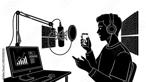 Podcaster using smartphone for recording and seo analysis