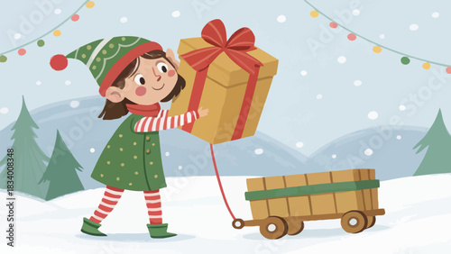 Charming Christmas elf delivering a large holiday gift with a wagon in a snowy winter scene
