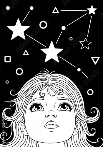 A girl studies the constellations in the night sky. coloring book