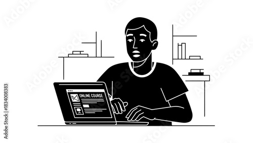 Person learning online course on laptop illustration