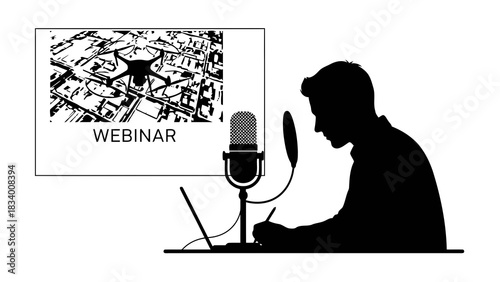 Man participating in a drone technology webinar with microphone and laptop