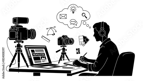Creative professional working on digital content creation with cameras and laptop