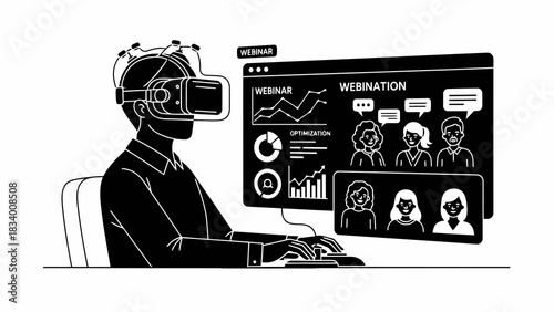 Man attends virtual webinar using vr headset and computer