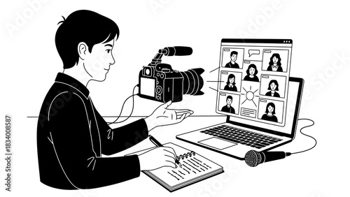 Man filming a video conference call with a camera and laptop