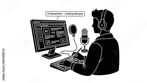 Person creating ai newsletter with cooking recipes using computer and microphone