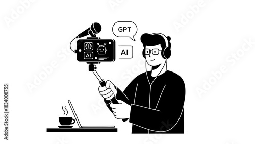 Man with ai technology selfie stick and laptop discusses gpt