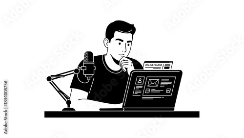 Man learning online with a microphone and laptop