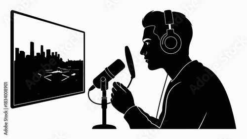 Podcaster speaking into microphone with cityscape on screen