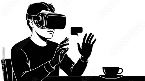 Man interacting with virtual reality while enjoying coffee