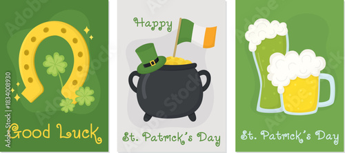 Set of three St. Patrick's Day greeting cards. Colorful illustrations for Irish holiday