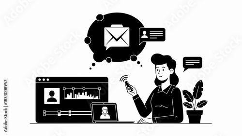 Woman communicating digitally with email and chat icons