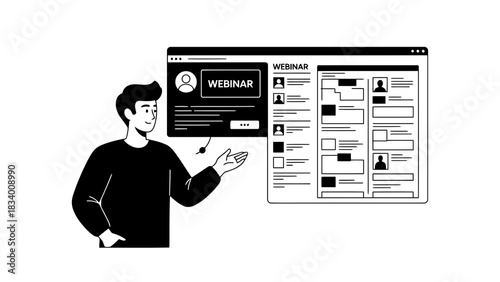 Man presenting a webinar platform interface with attendee profiles