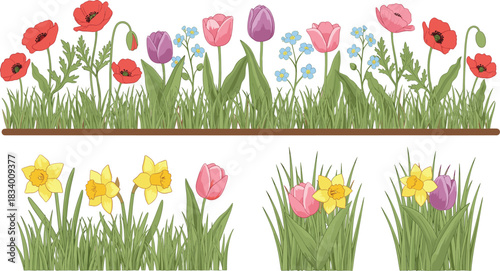 Spring Garden Flower Collection with Tulips Daffodils Poppies and Wildflowers in Bloom Flat Vector Illustration Set