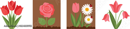 Spring Garden Flowers Set with Grass Flower Beds and Blooming Tulips Daffodils and Roses Flat Vector Illustration