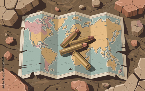 World map with bullets scattered across it, depicting conflict and global impact