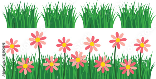 Spring Grass and Flower Border Collection with Pink Blossoms and Green Meadow Flat Vector Illustration Set