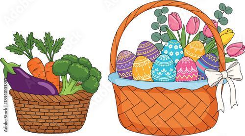 Vegetable and Easter egg baskets vector illustration set combining fresh produce and festive holiday decorations