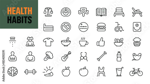 Collection of Health Habits Icons Representing Healthy Lifestyle Choices And Activities vector illustration