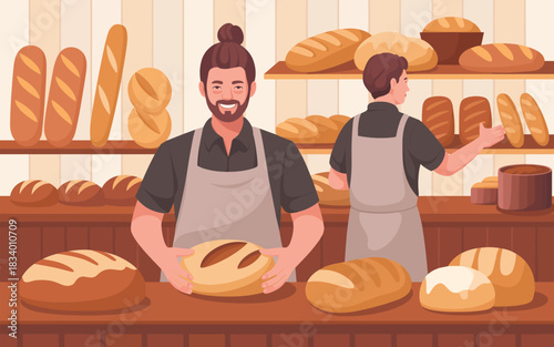 Happy bakers in a bakery showcasing delicious freshly baked bread and pastries on shelves