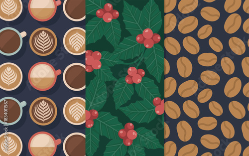 Seamless patterns of coffee beans, latte art, and coffee plant branches with berries