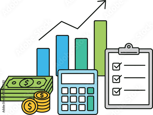 Financial growth with money and calculator creating positive budget for successful planning and analysis