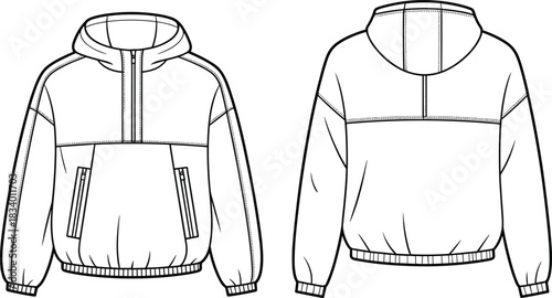 Hooded jacket fashion sketch, half-zip design, zip pockets, elastic cuffs, technical illustration, garment construction, sewing pattern, casual outerwear