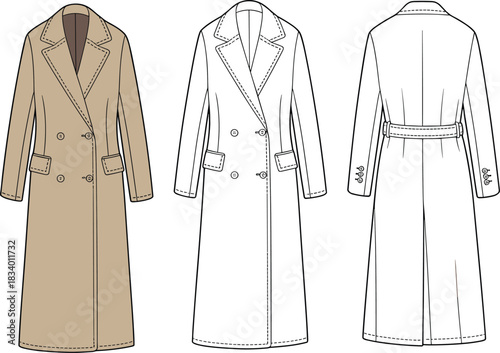 Double-breasted overcoat fashion sketch, light brown coat, flap pockets, buttoned cuffs, technical illustration, garment design, sewing pattern