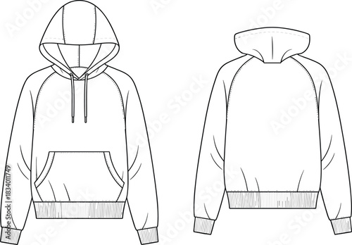 Hooded sweatshirt fashion sketch, raglan sleeves, kangaroo pocket, drawstring hood, technical illustration, garment design, sewing pattern, casual wear