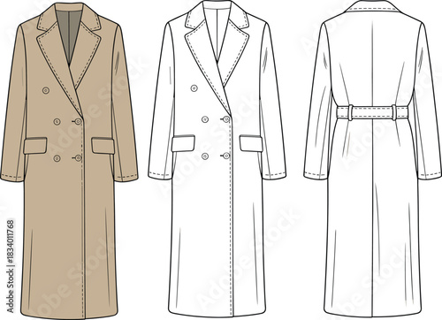 Double-breasted overcoat fashion sketch, beige coat, flap pockets, belt detail, technical illustration, garment design, sewing pattern