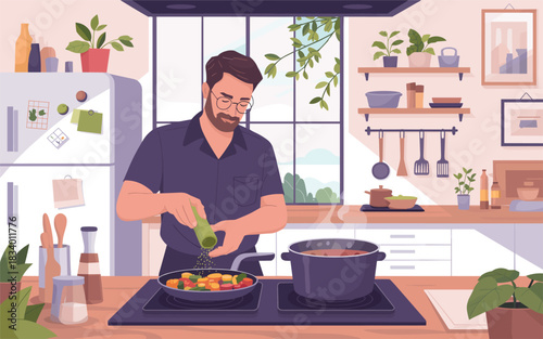Man cooking healthy vegetables in a modern kitchen, preparing a nutritious meal
