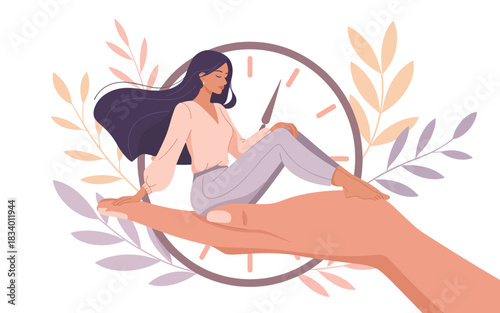 Illustrative image of a determined woman scaling a rocky cliff face, symbolizing adventure and outdoor exploration amidst a scenic mountain vista