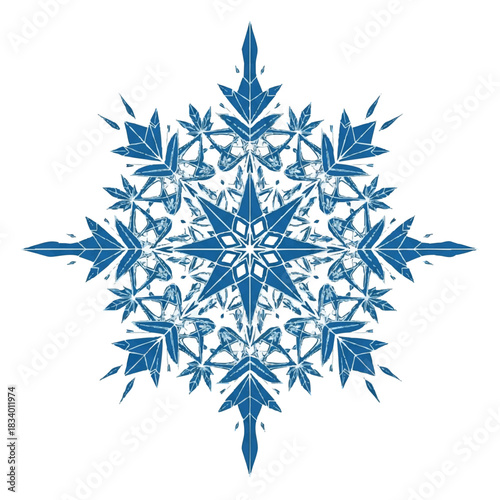 Detailed blue snowflake design on a white background with intricate patterns and symmetrical shape.