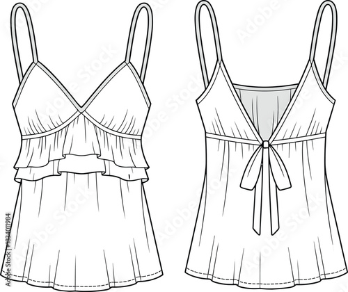Sleeveless ruffle top fashion sketch, tie-back detail, spaghetti straps, technical illustration, garment design, sewing pattern, flowy silhouette