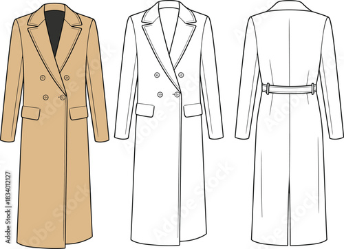 Long double-breasted coat fashion sketch, camel color, flap pockets, belt detail, technical illustration, garment design, sewing pattern