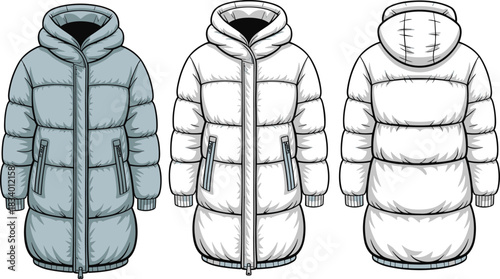 Padded winter coat fashion sketch, hooded design, quilted texture, zip pockets, technical illustration, garment design, sewing pattern