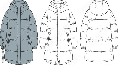 Padded winter coat fashion sketch, hooded design, quilted texture, zip pockets, technical illustration, garment design, sewing pattern