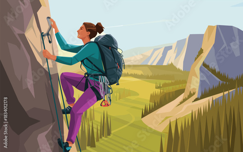 Adventurous woman skillfully ascends a rocky cliff face, showcasing rock climbing and outdoor adventure in a picturesque mountain landscape