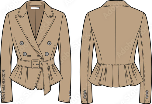 Beige peplum jacket fashion sketch, double-breasted design, belted waist, tailored silhouette, technical illustration, garment construction, sewing pattern